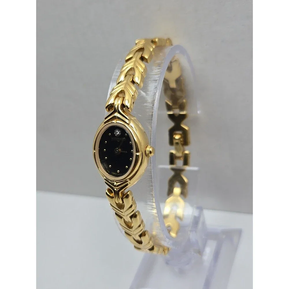 Wittnauer LU8034 Womens Swiss Quartz Gold Tone Black Dial Oval Watch New Battery